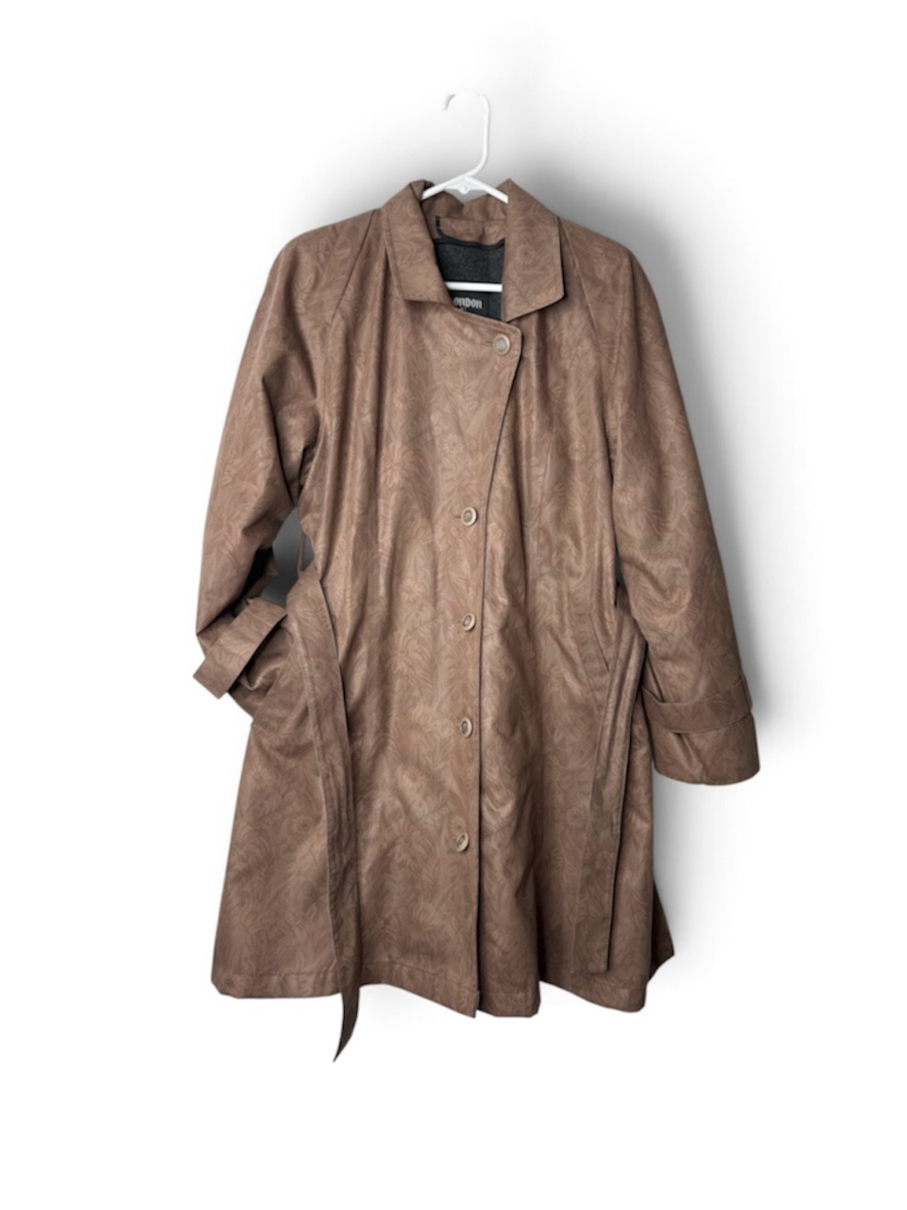 LONDON FOG Vintage Trench Coat Women’s 8 Brown Jacquard Floral Belted Wool Lined